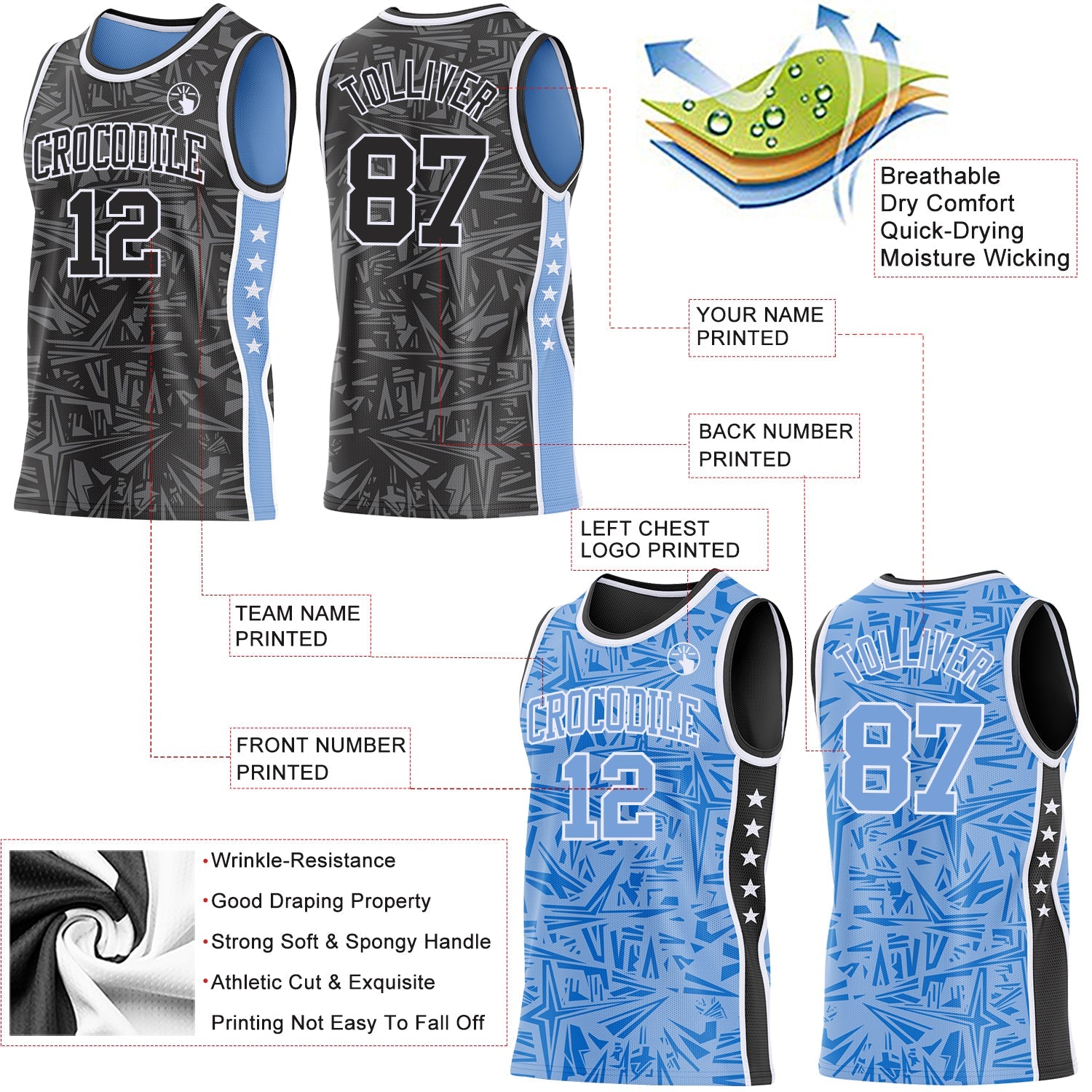 Custom Black White-Light Blue Side Panel Stripe Stars Geometric Shatter Starburst Reversible Double Side Sublimation Basketball Set Jersey view 3