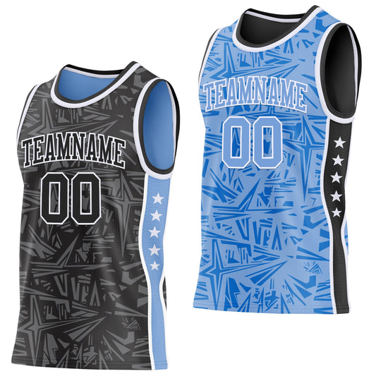 Custom Black White-Light Blue Side Panel Stripe Stars Geometric Shatter Starburst Reversible Double Side Sublimation Basketball Set Jersey - Main View