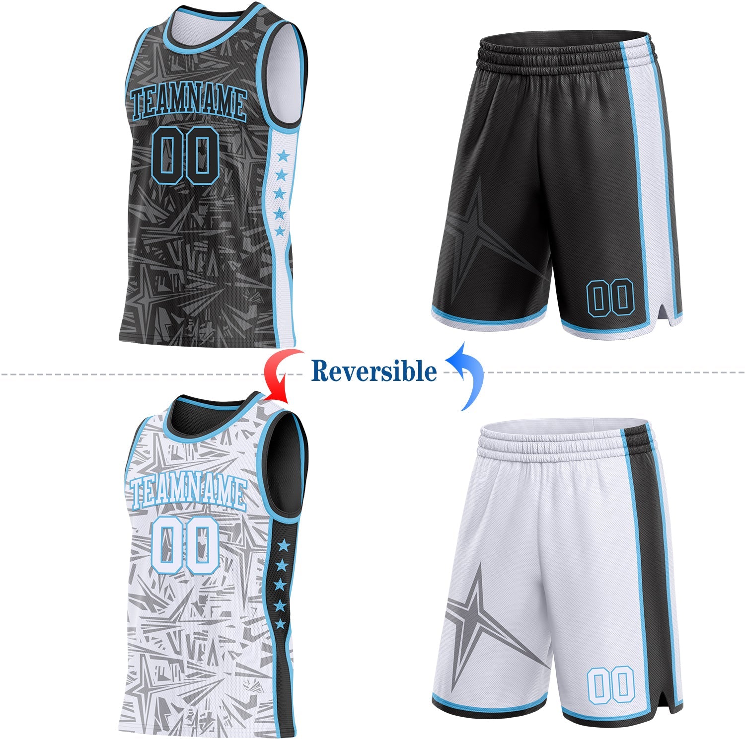 Custom Black Sky Blue-White Side Panel Stripe Stars Geometric Shatter Starburst Reversible Double Side Sublimation Basketball Set Jersey view 2