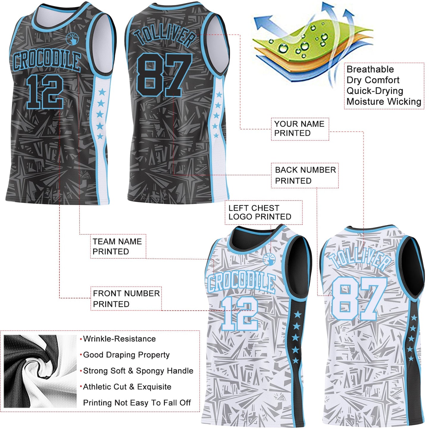 Custom Black Sky Blue-White Side Panel Stripe Stars Geometric Shatter Starburst Reversible Double Side Sublimation Basketball Set Jersey view 3