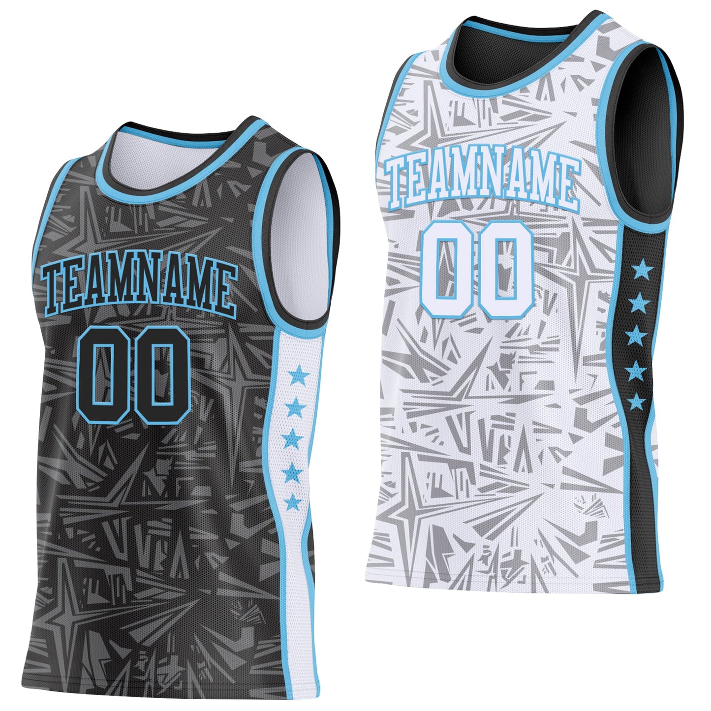 Custom Black Sky Blue-White Side Panel Stripe Stars Geometric Shatter Starburst Reversible Double Side Sublimation Basketball Set Jersey - Main View