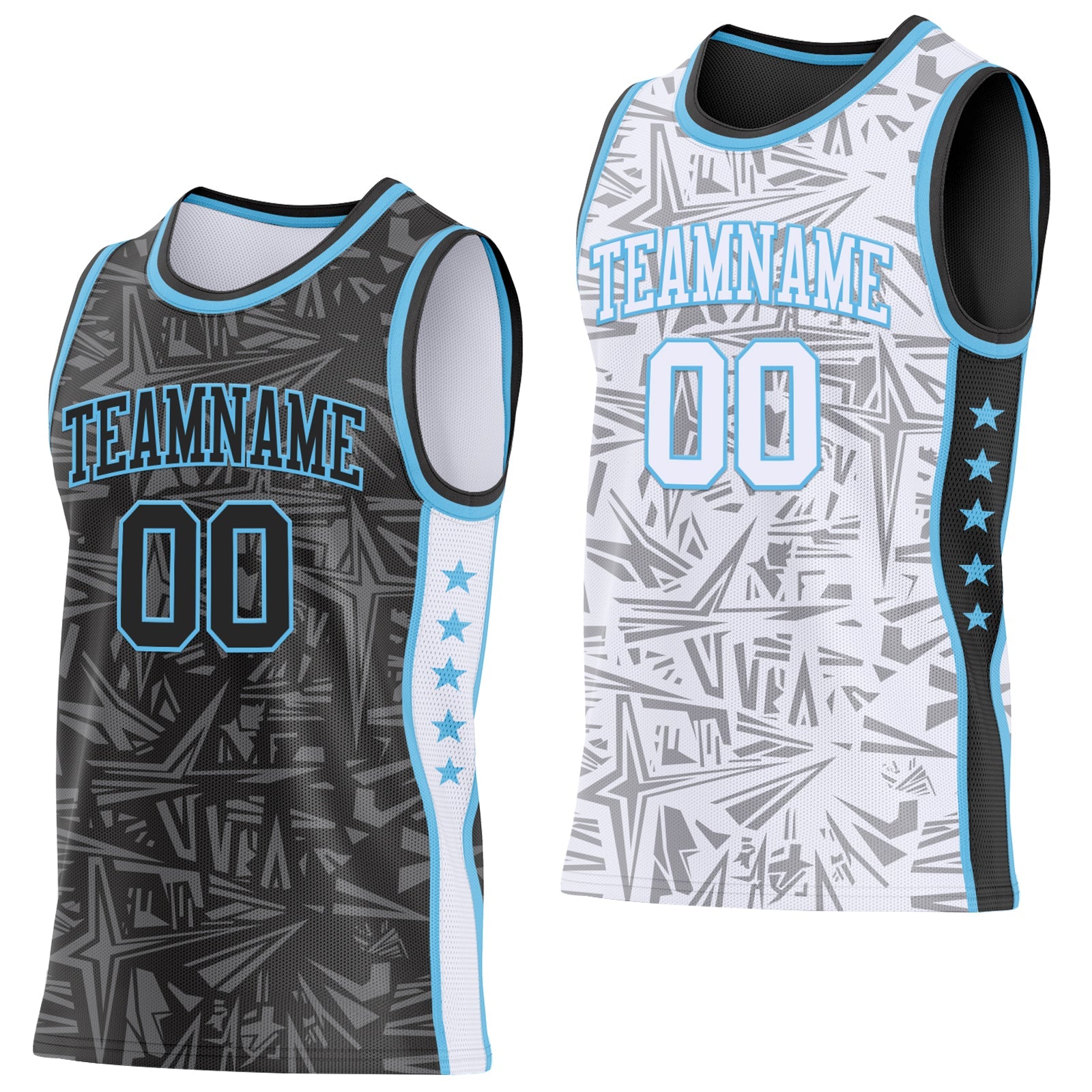 Custom Black Sky Blue-White Side Panel Stripe Stars Geometric Shatter Starburst Reversible Double Side Sublimation Basketball Set Jersey - Main View