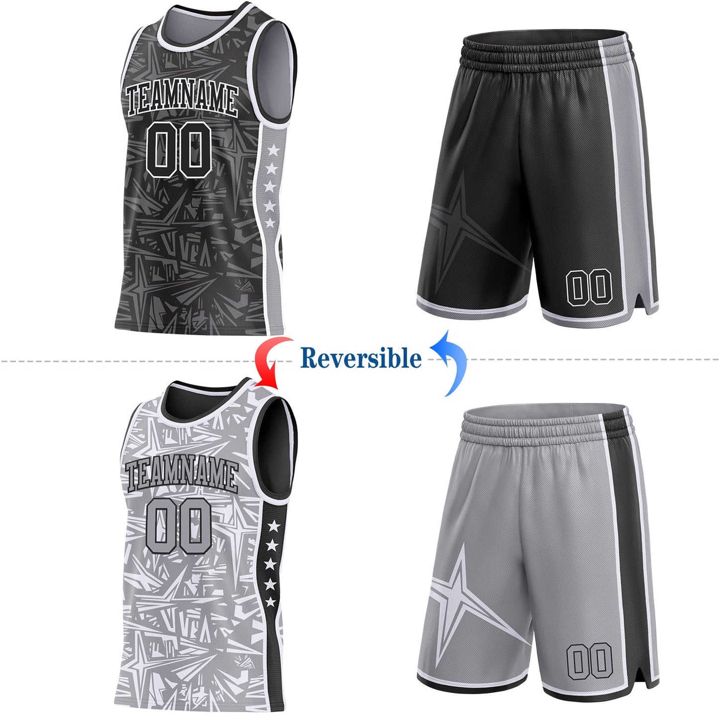 Custom Black White-Gray Side Panel Stripe Stars Geometric Shatter Starburst Reversible Double Side Sublimation Basketball Set Jersey view 2