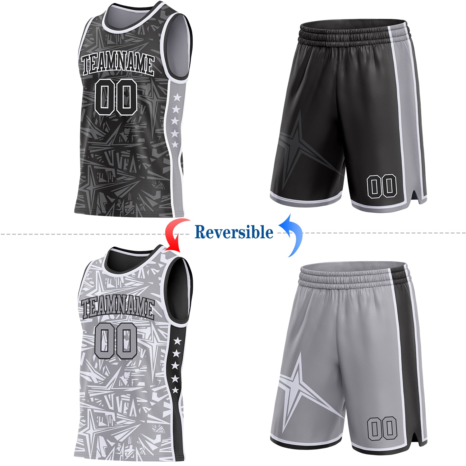 Custom Black White-Gray Side Panel Stripe Stars Geometric Shatter Starburst Reversible Double Side Sublimation Basketball Set Jersey view 2