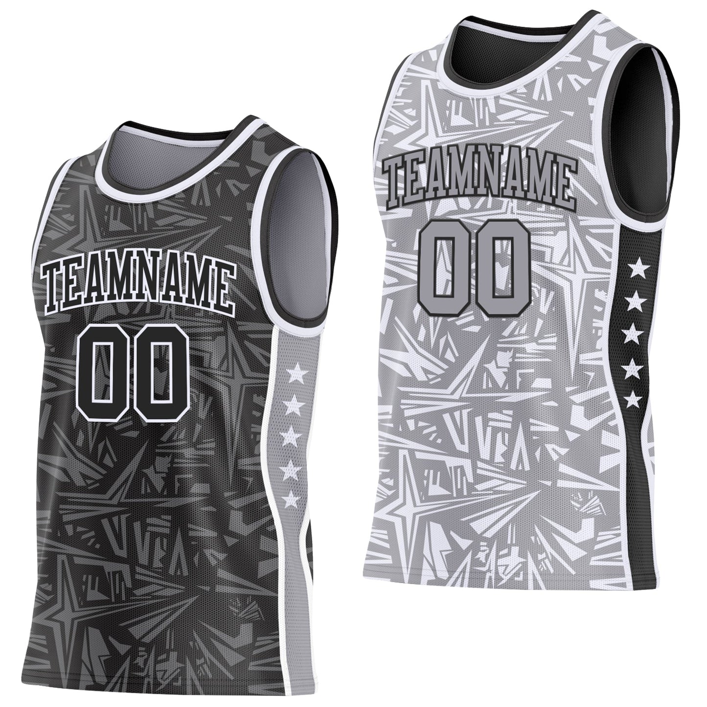 Custom Black White-Gray Side Panel Stripe Stars Geometric Shatter Starburst Reversible Double Side Sublimation Basketball Set Jersey - Main View