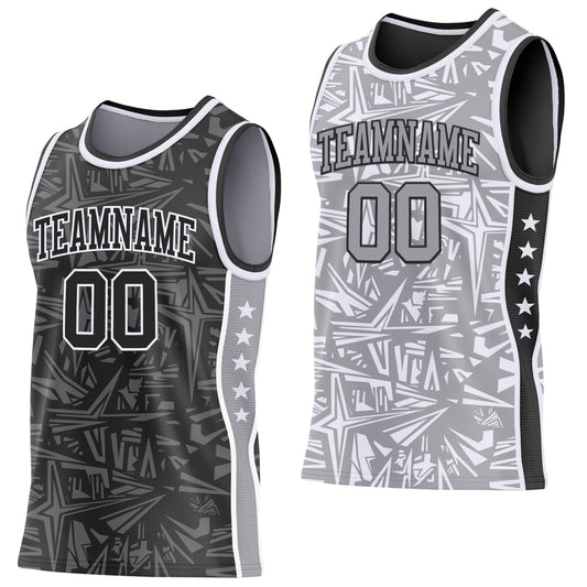 Custom Black White-Gray Side Panel Stripe Stars Geometric Shatter Starburst Reversible Double Side Sublimation Basketball Set Jersey - Main View