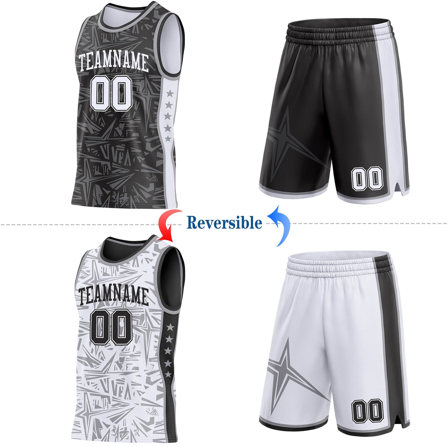 Custom Black White-Gray Side Panel Stripe Stars Geometric Shatter Starburst Reversible Double Side Sublimation Basketball Set Jersey view 2
