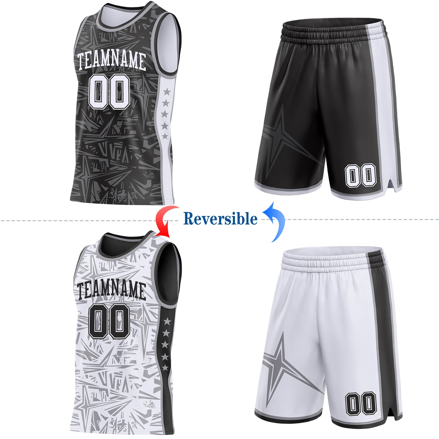 Custom Black White-Gray Side Panel Stripe Stars Geometric Shatter Starburst Reversible Double Side Sublimation Basketball Set Jersey view 2