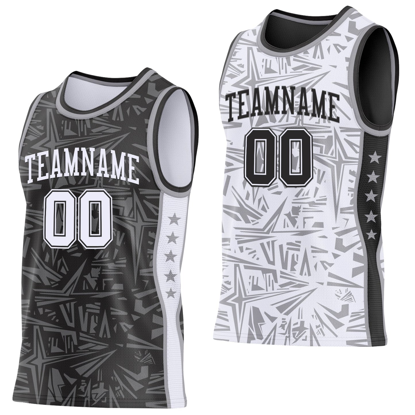 Custom Black White-Gray Side Panel Stripe Stars Geometric Shatter Starburst Reversible Double Side Sublimation Basketball Set Jersey - Main View