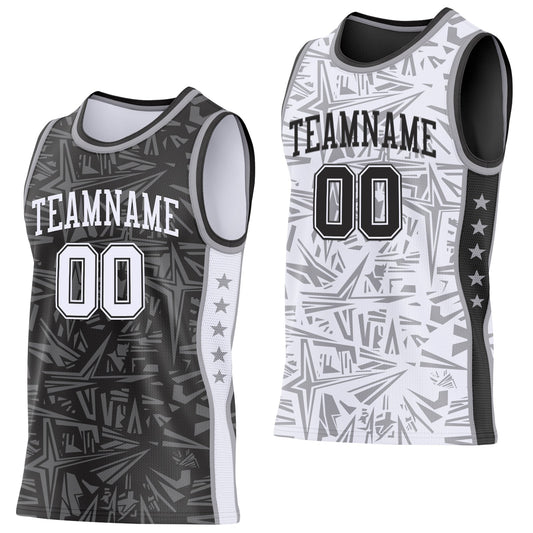 Custom Black White-Gray Side Panel Stripe Stars Geometric Shatter Starburst Reversible Double Side Sublimation Basketball Set Jersey - Main View