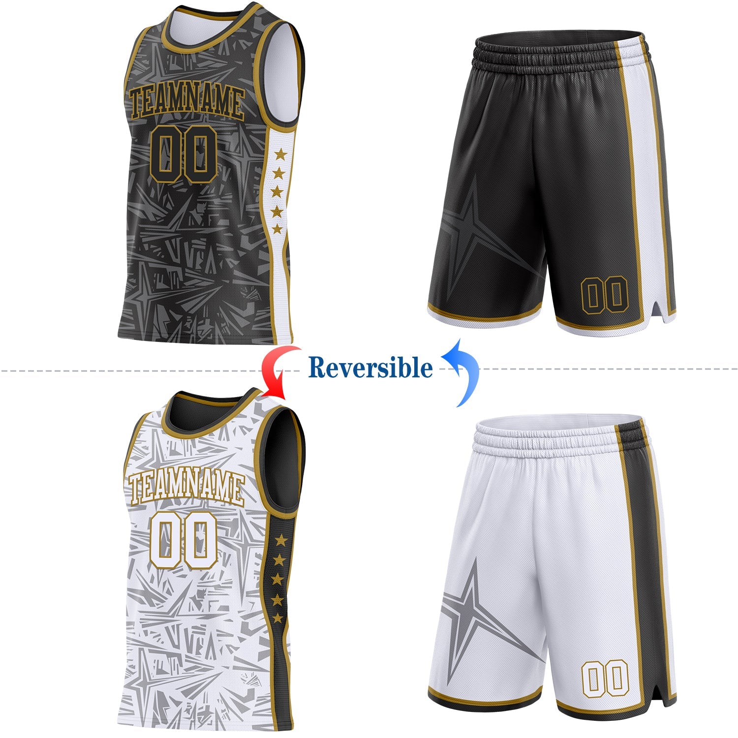 Custom Black Old Gold-White Side Panel Stripe Stars Geometric Shatter Starburst Reversible Double Side Sublimation Basketball Set Jersey view 2