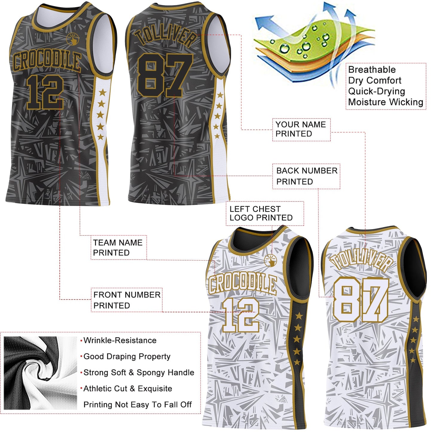 Custom Black Old Gold-White Side Panel Stripe Stars Geometric Shatter Starburst Reversible Double Side Sublimation Basketball Set Jersey view 3