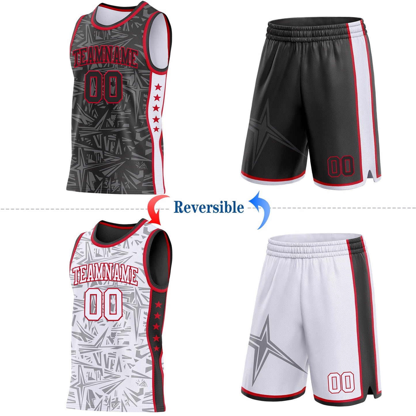 Custom Black Red-White Side Panel Stripe Stars Geometric Shatter Starburst Reversible Double Side Sublimation Basketball Set Jersey view 2