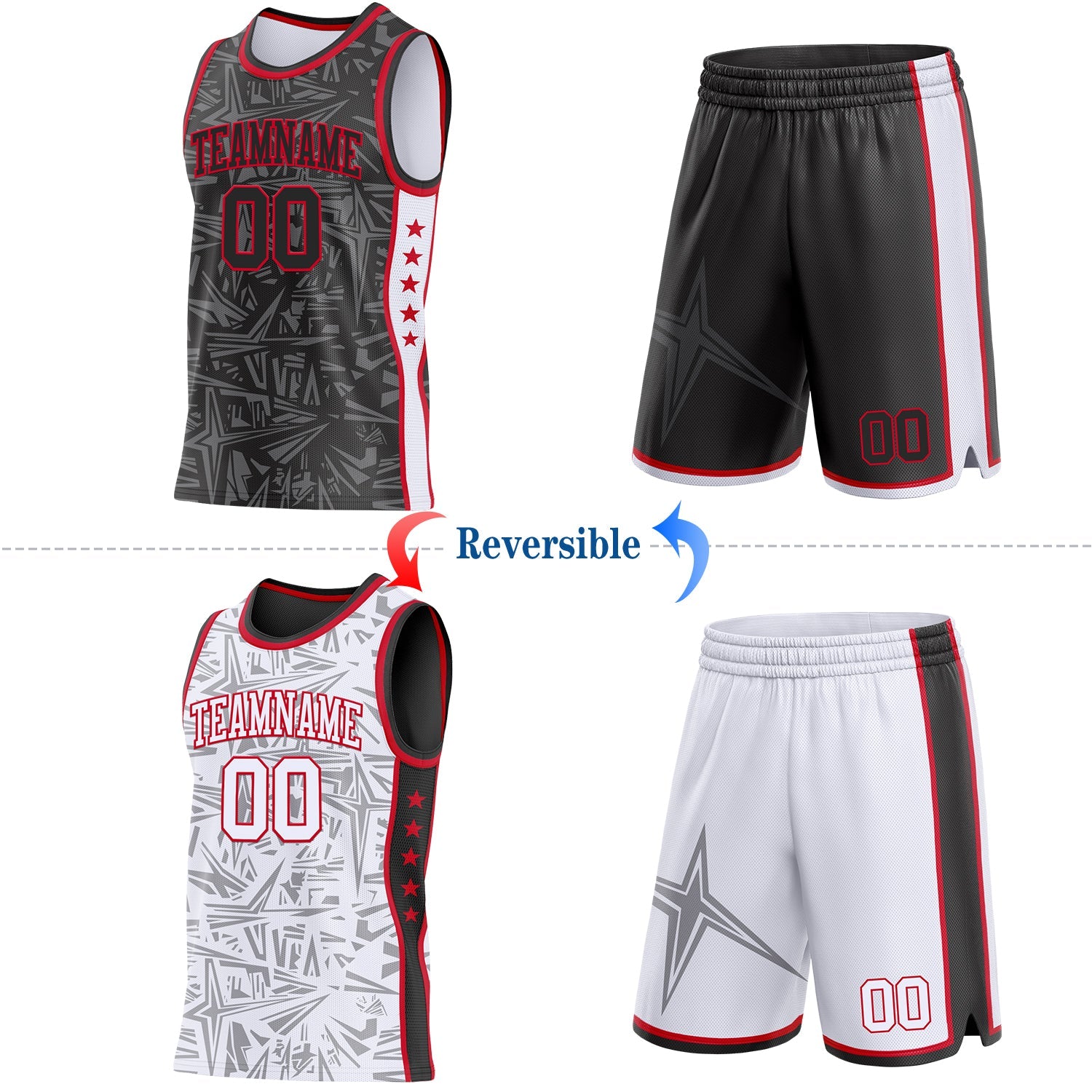 Custom Black Red-White Side Panel Stripe Stars Geometric Shatter Starburst Reversible Double Side Sublimation Basketball Set Jersey view 2