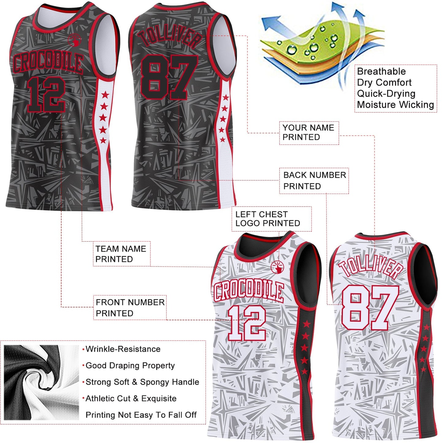 Custom Black Red-White Side Panel Stripe Stars Geometric Shatter Starburst Reversible Double Side Sublimation Basketball Set Jersey view 3