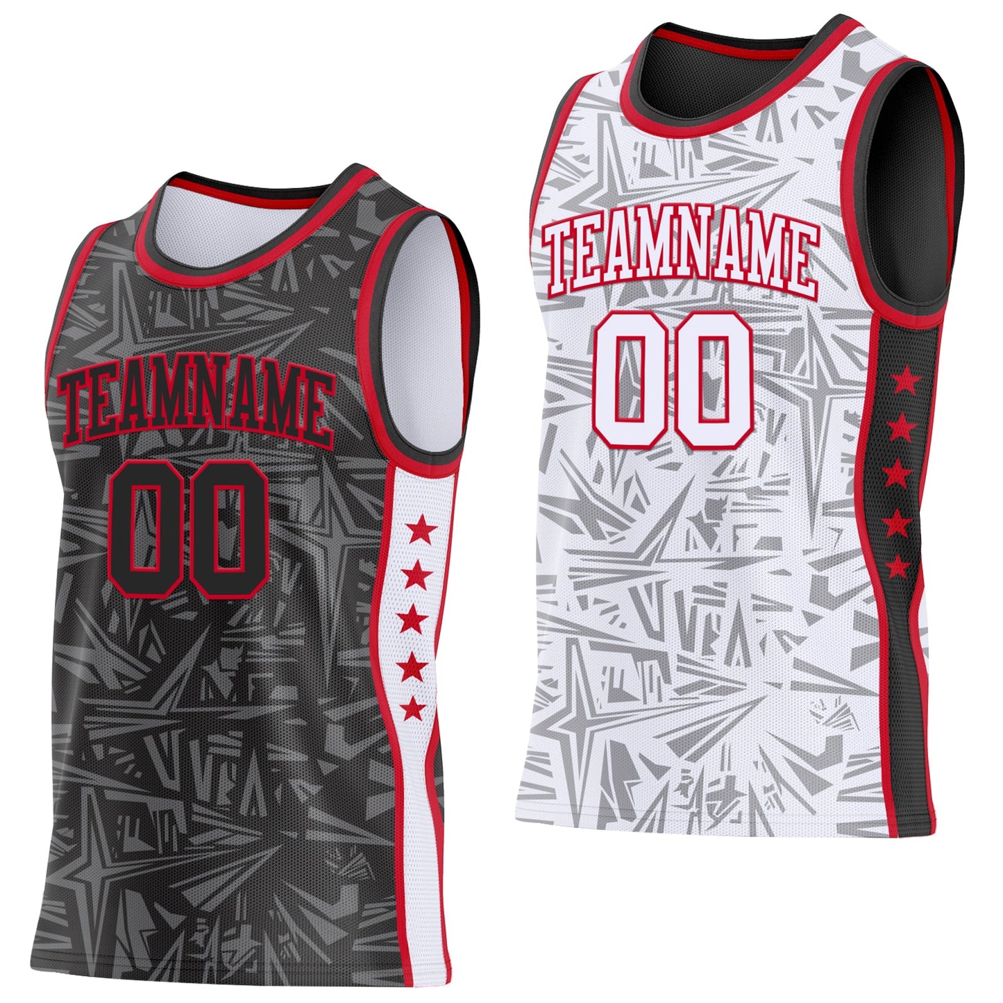 Custom Black Red-White Side Panel Stripe Stars Geometric Shatter Starburst Reversible Double Side Sublimation Basketball Set Jersey - Main View