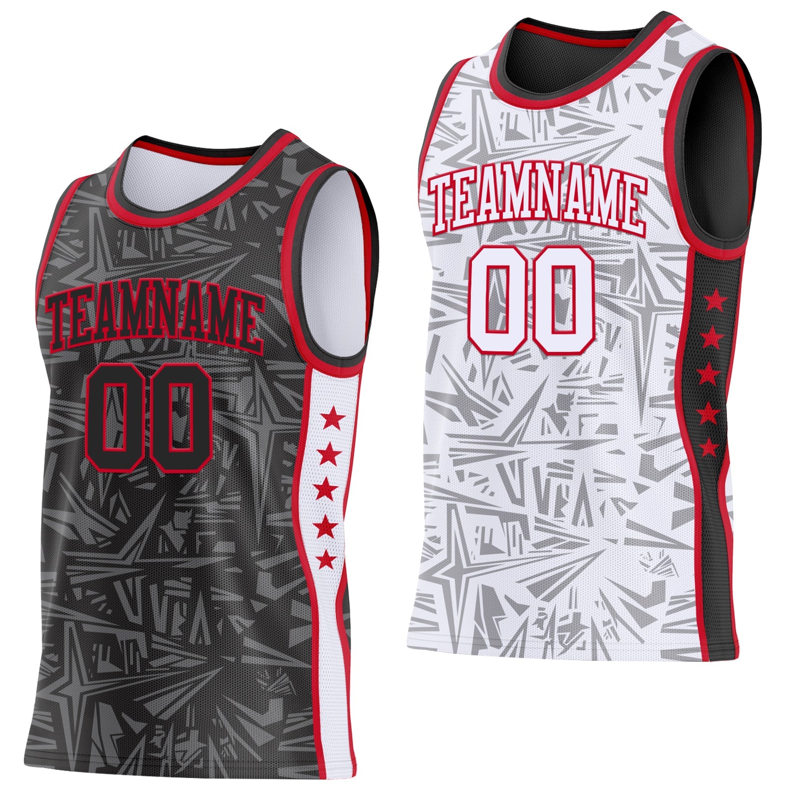 Custom Black Red-White Side Panel Stripe Stars Geometric Shatter Starburst Reversible Double Side Sublimation Basketball Set Jersey - Main View