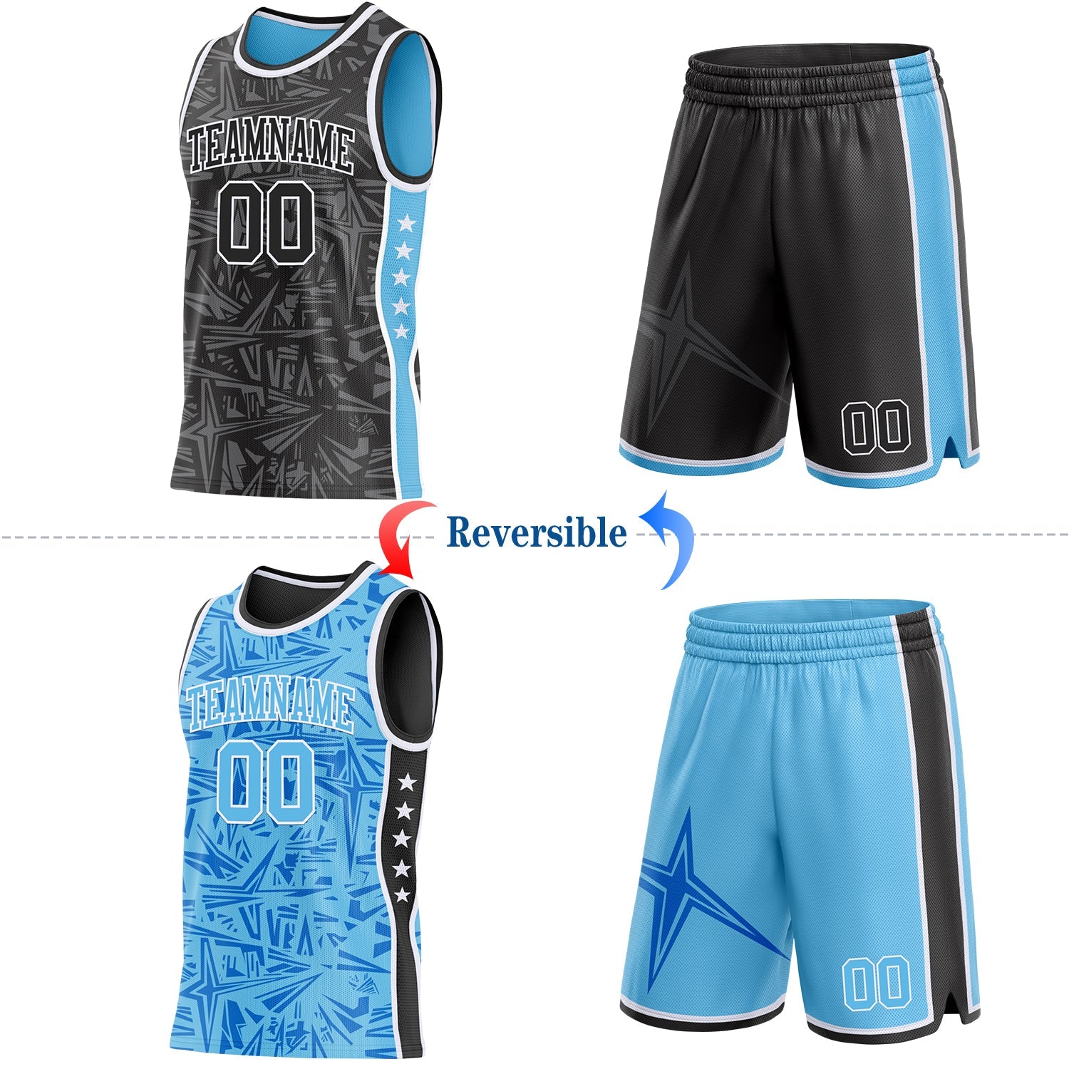 Custom Black White-Sky Blue Side Panel Stripe Stars Geometric Shatter Starburst Reversible Double Side Sublimation Basketball Set Jersey view 2