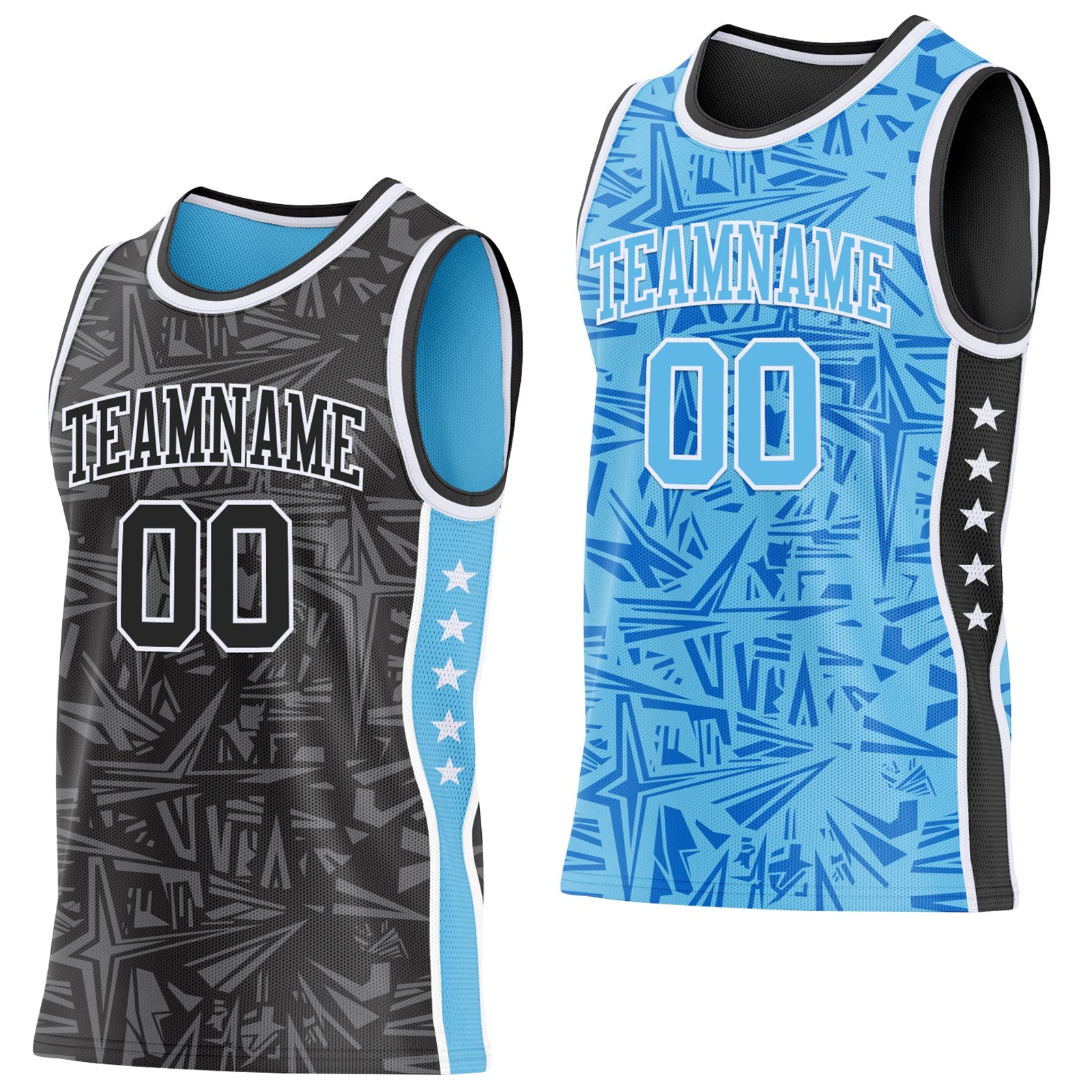 Custom Black White-Sky Blue Side Panel Stripe Stars Geometric Shatter Starburst Reversible Double Side Sublimation Basketball Set Jersey - Main View
