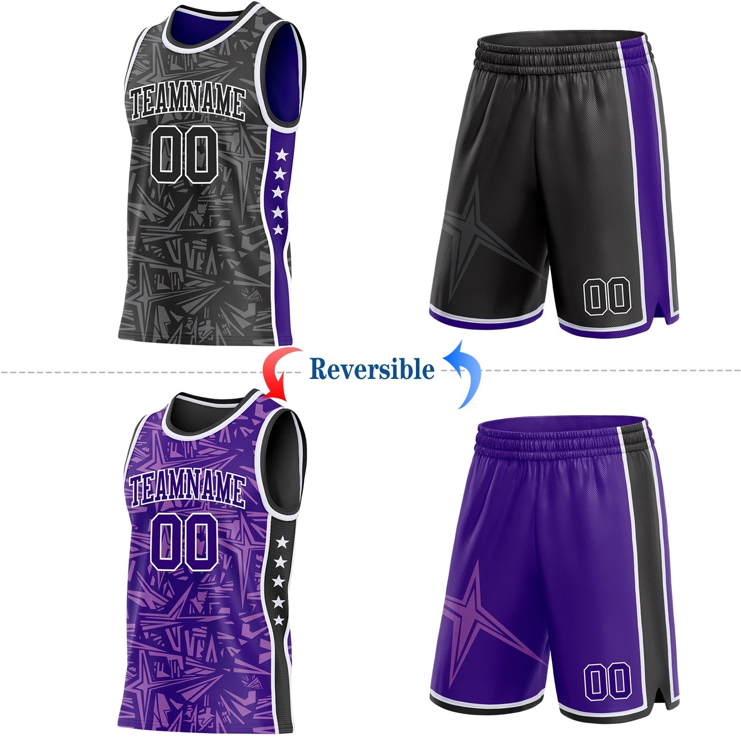 Custom Black White-Purple Side Panel Stripe Stars Geometric Shatter Starburst Reversible Double Side Sublimation Basketball Set Jersey view 2