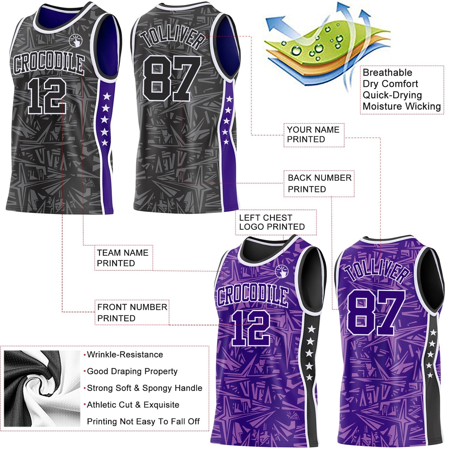 Custom Black White-Purple Side Panel Stripe Stars Geometric Shatter Starburst Reversible Double Side Sublimation Basketball Set Jersey view 3