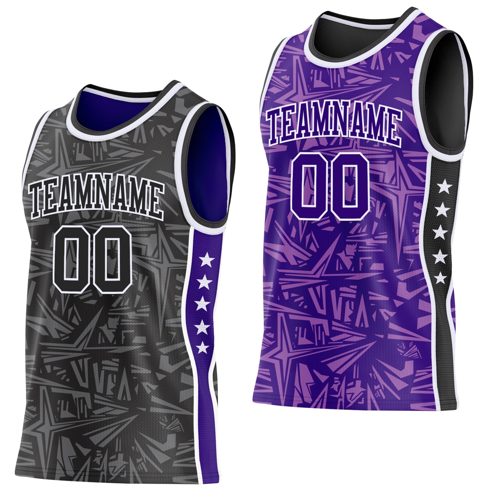 Custom Black White-Purple Side Panel Stripe Stars Geometric Shatter Starburst Reversible Double Side Sublimation Basketball Set Jersey - Main View