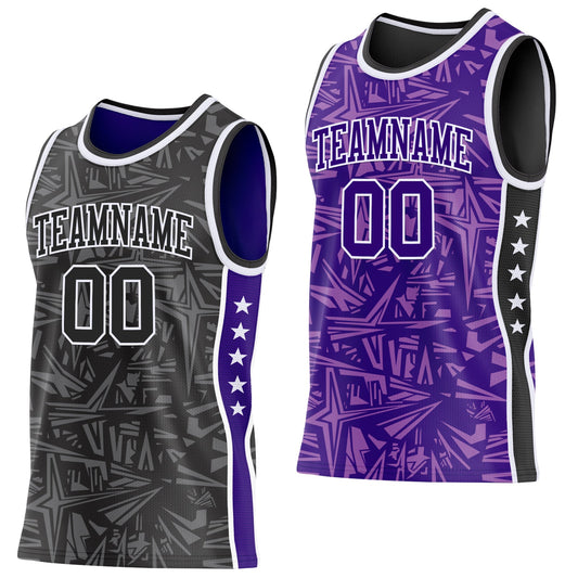 Custom Black White-Purple Side Panel Stripe Stars Geometric Shatter Starburst Reversible Double Side Sublimation Basketball Set Jersey - Main View