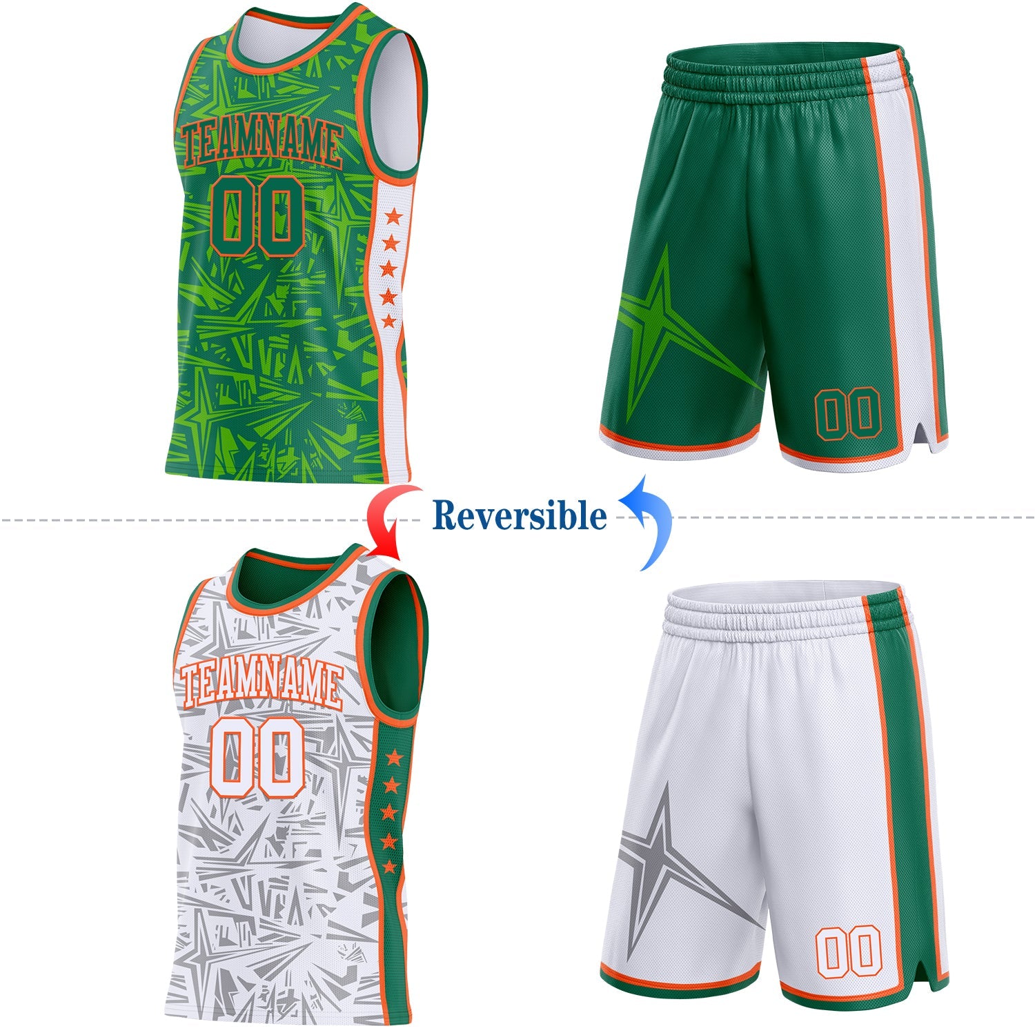 Custom Kelly Green Orange-White Side Panel Stripe Stars Geometric Shatter Starburst Reversible Double Side Sublimation Basketball Set Jersey view 2