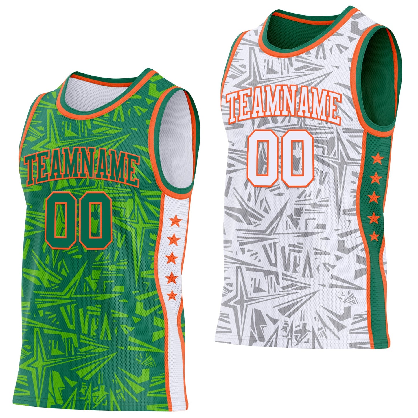 Custom Kelly Green Orange-White Side Panel Stripe Stars Geometric Shatter Starburst Reversible Double Side Sublimation Basketball Set Jersey - Main View