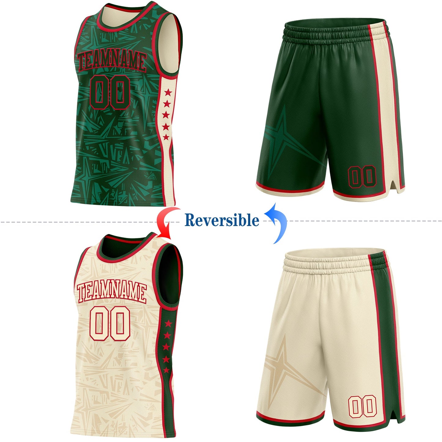 Custom Green Red-Cream Side Panel Stripe Stars Geometric Shatter Starburst Reversible Double Side Sublimation Basketball Set Jersey view 2