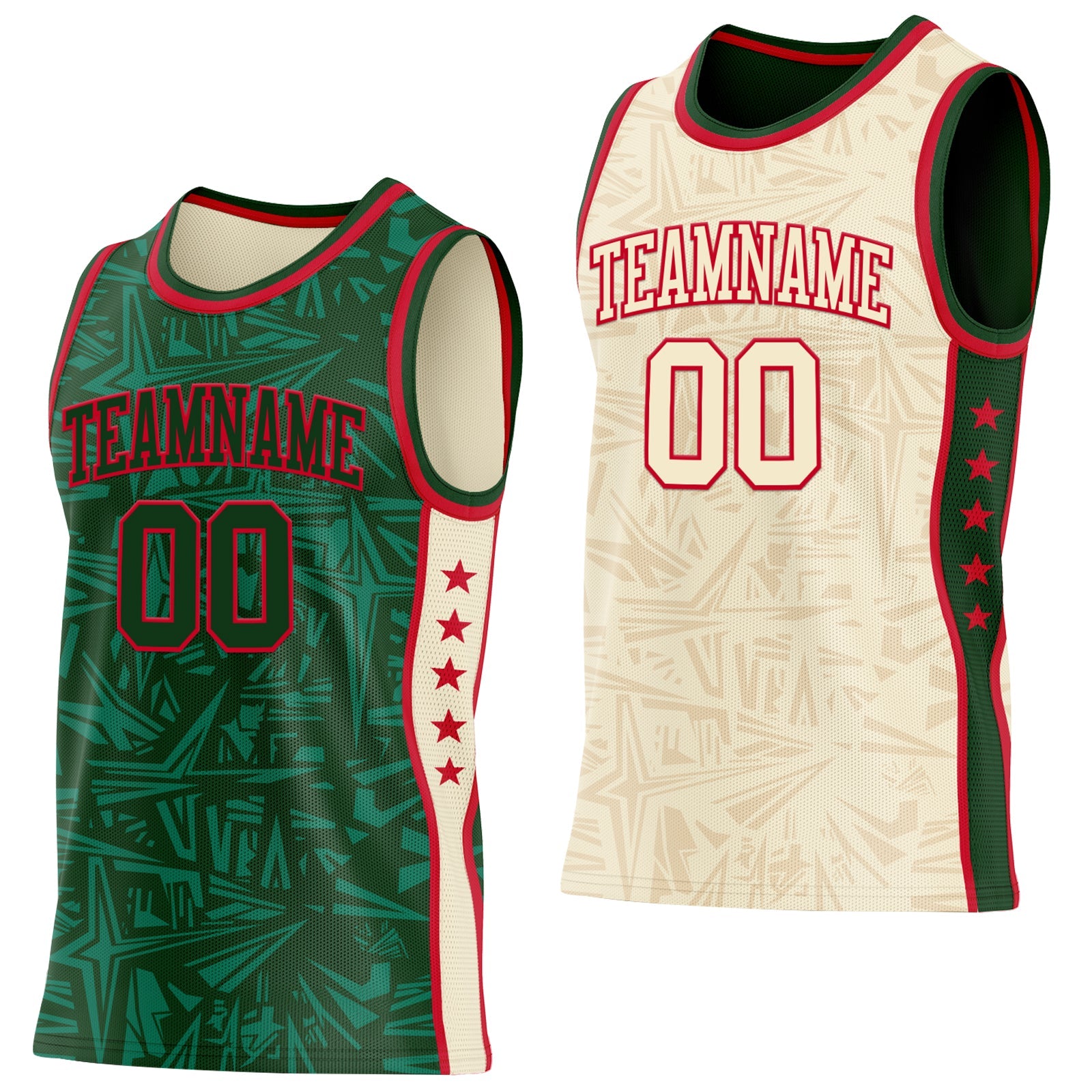 Custom Green Red-Cream Side Panel Stripe Stars Geometric Shatter Starburst Reversible Double Side Sublimation Basketball Set Jersey - Main View