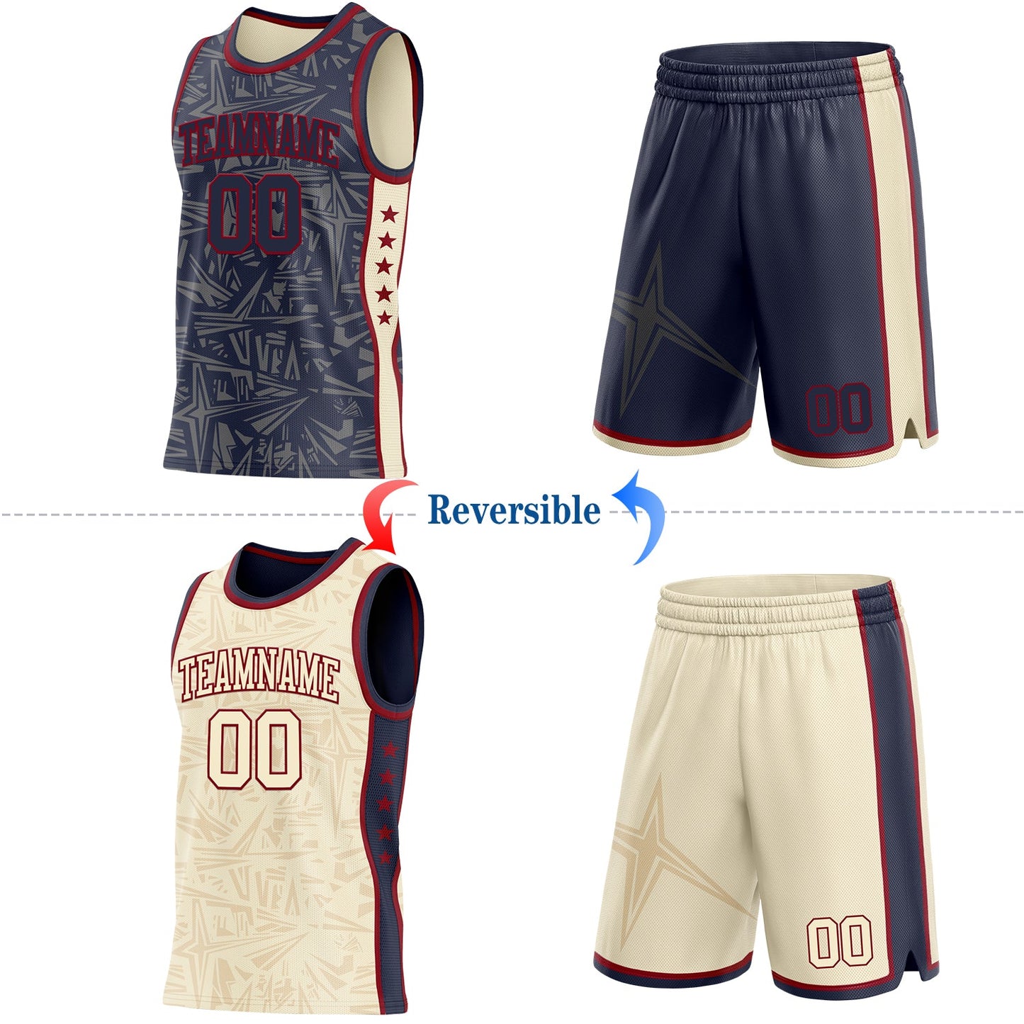 Custom Navy Maroon-Cream Side Panel Stripe Stars Geometric Shatter Starburst Reversible Double Side Sublimation Basketball Set Jersey view 2