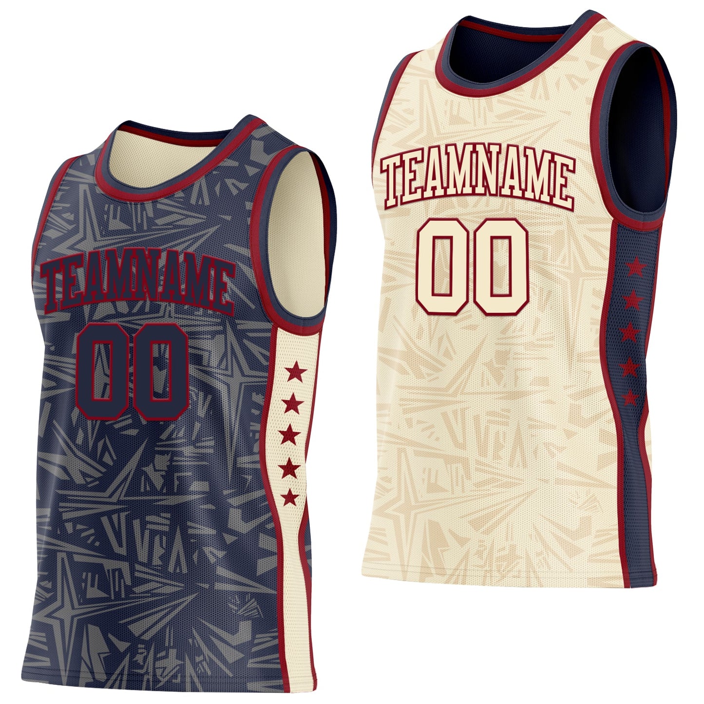 Custom Navy Maroon-Cream Side Panel Stripe Stars Geometric Shatter Starburst Reversible Double Side Sublimation Basketball Set Jersey - Main View