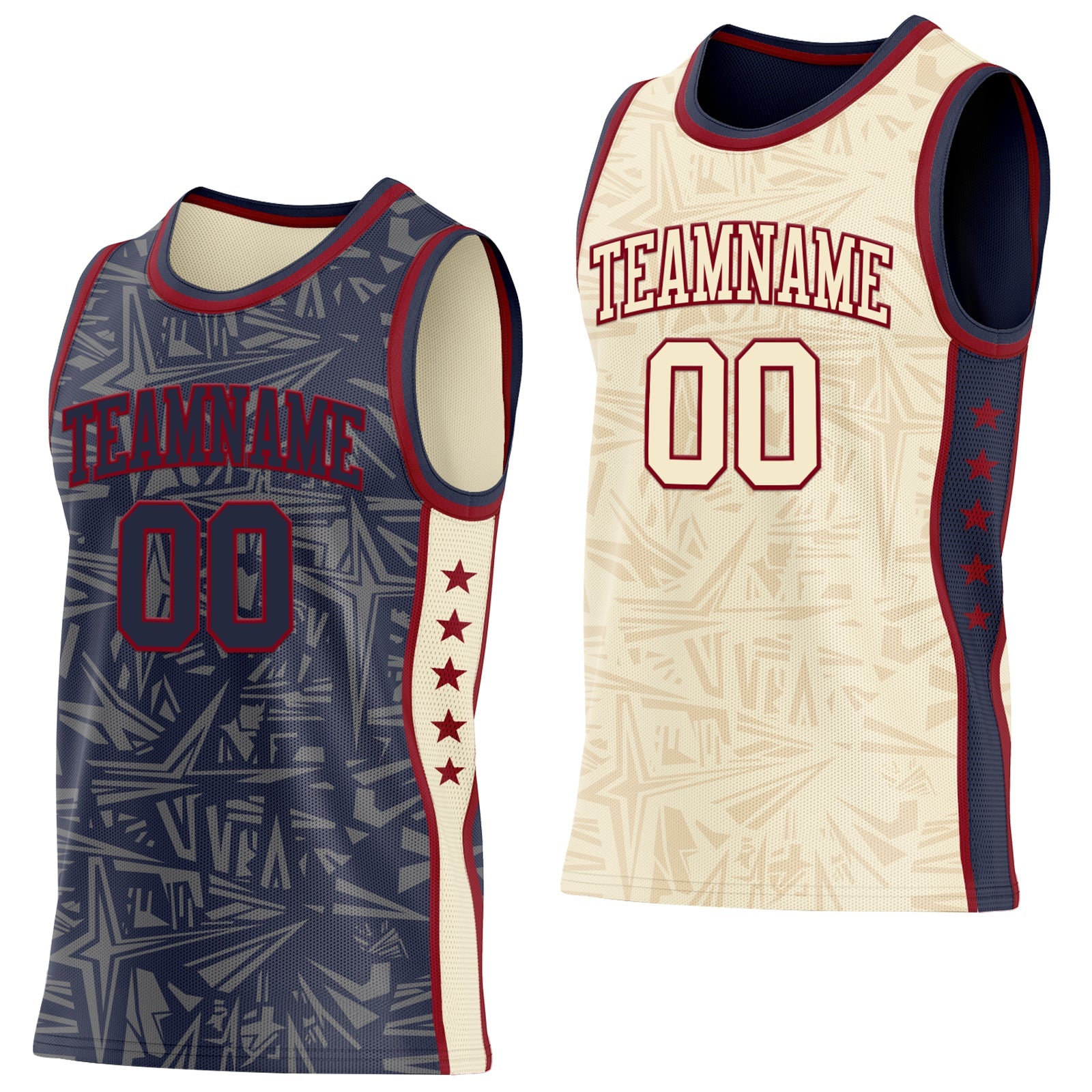 Custom Navy Maroon-Cream Side Panel Stripe Stars Geometric Shatter Starburst Reversible Double Side Sublimation Basketball Set Jersey - Main View
