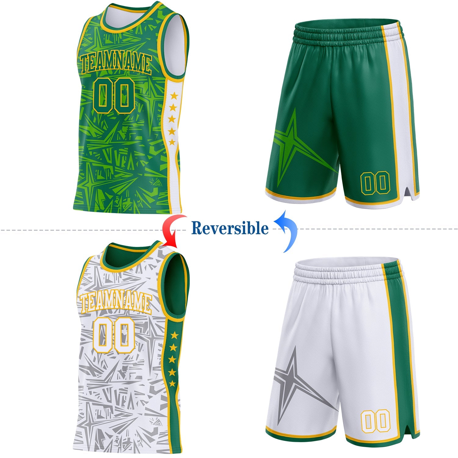 Custom Kelly Green Gold-White Side Panel Stripe Stars Geometric Shatter Starburst Reversible Double Side Sublimation Basketball Set Jersey view 2