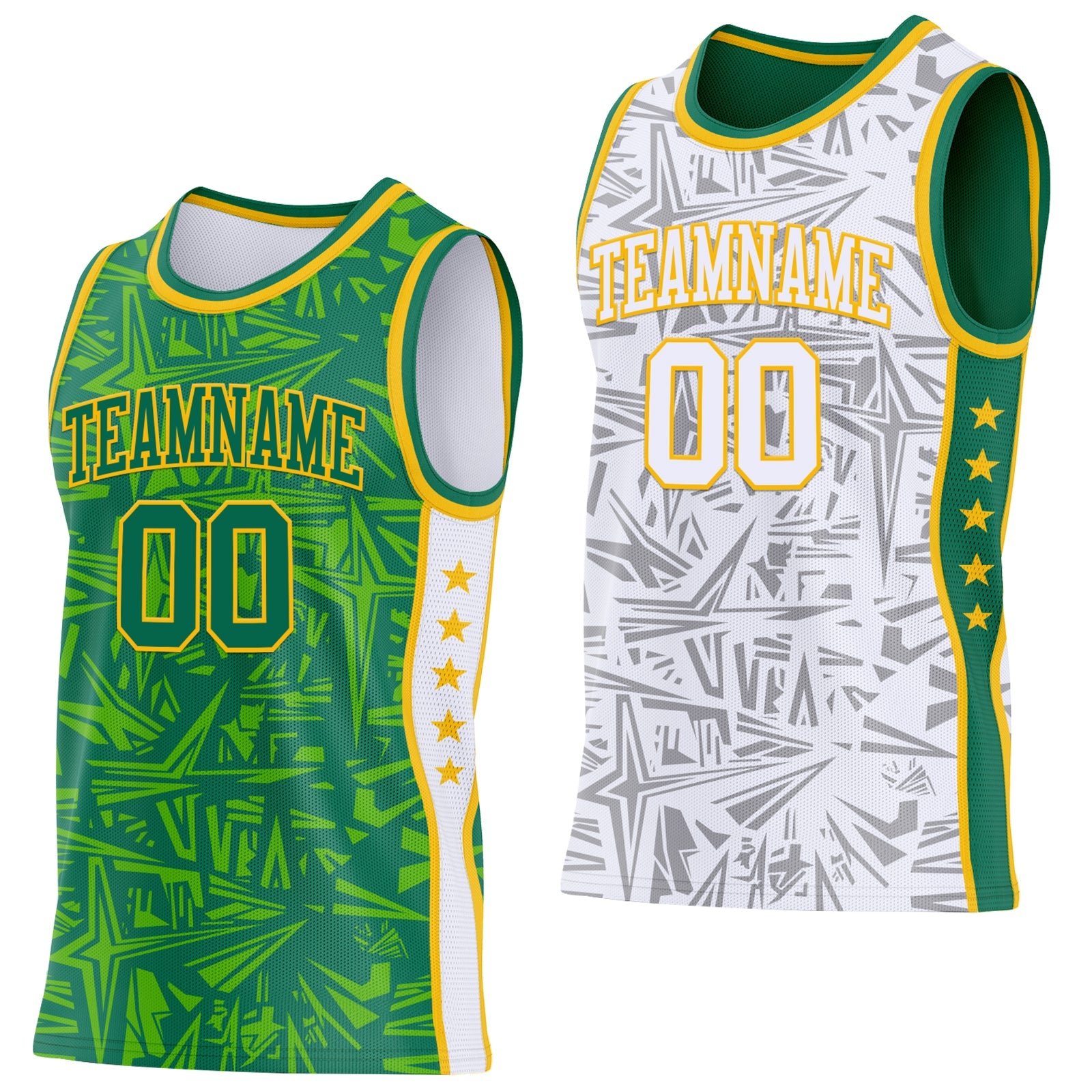 Custom Kelly Green Gold-White Side Panel Stripe Stars Geometric Shatter Starburst Reversible Double Side Sublimation Basketball Set Jersey - Main View