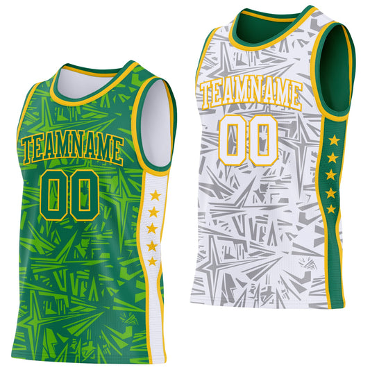 Custom Kelly Green Gold-White Side Panel Stripe Stars Geometric Shatter Starburst Reversible Double Side Sublimation Basketball Set Jersey - Main View