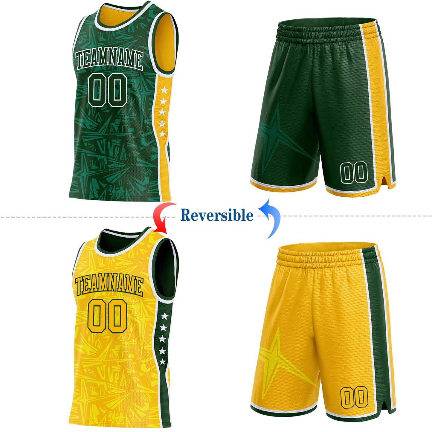 Custom Green White-Gold Side Panel Stripe Stars Geometric Shatter Starburst Reversible Double Side Sublimation Basketball Set Jersey view 2