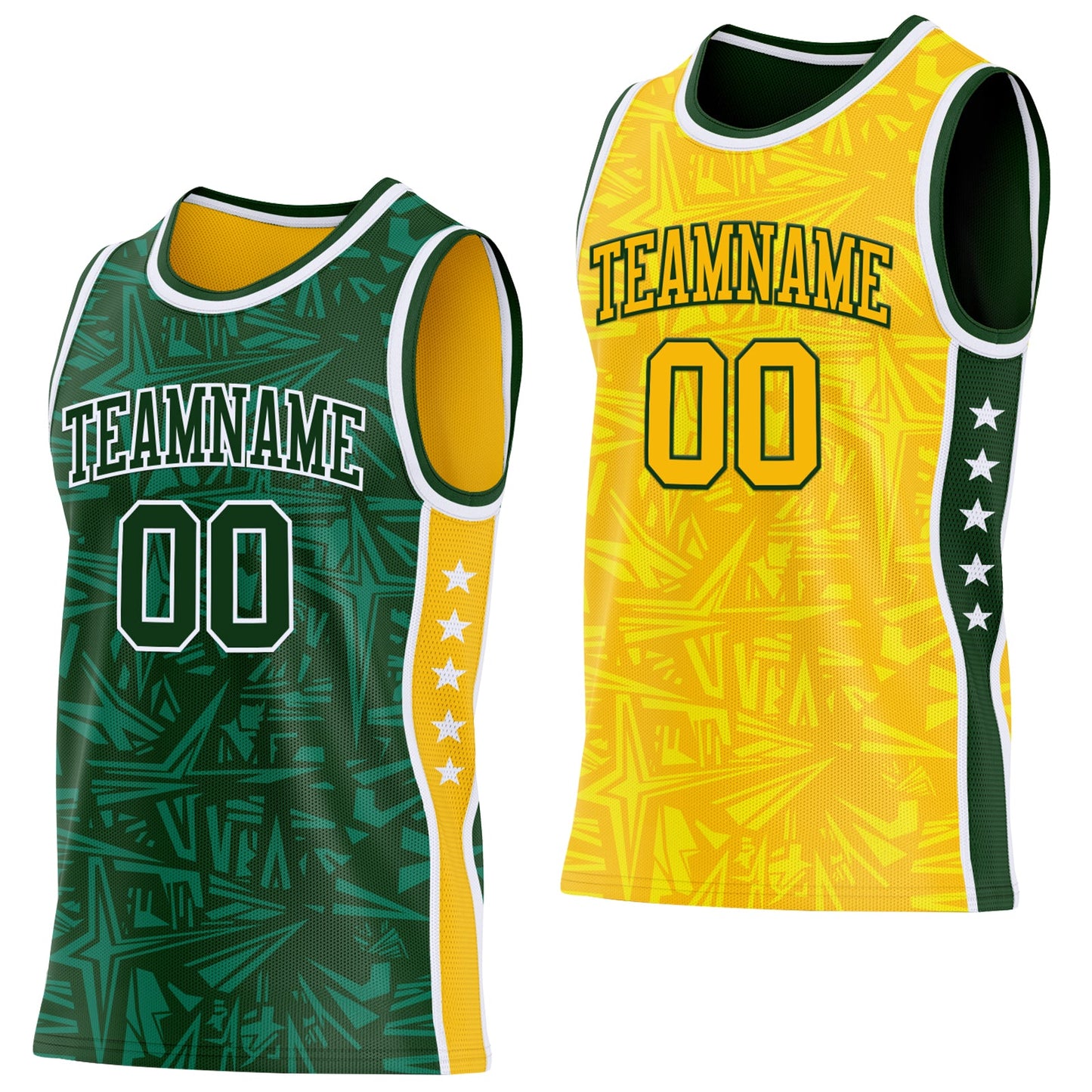 Custom Green White-Gold Side Panel Stripe Stars Geometric Shatter Starburst Reversible Double Side Sublimation Basketball Set Jersey - Main View