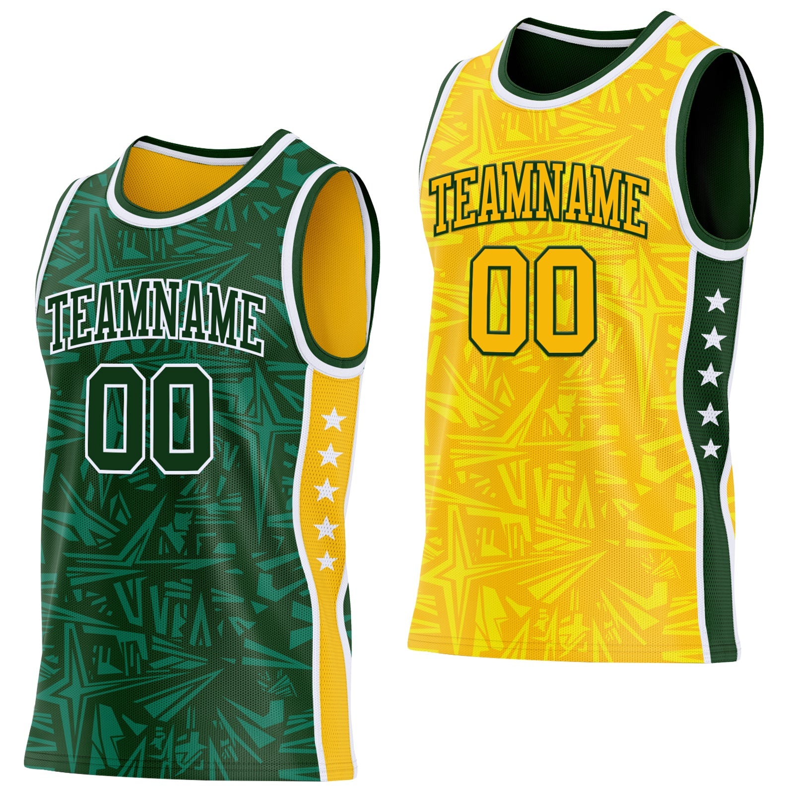 Custom Green White-Gold Side Panel Stripe Stars Geometric Shatter Starburst Reversible Double Side Sublimation Basketball Set Jersey - Main View