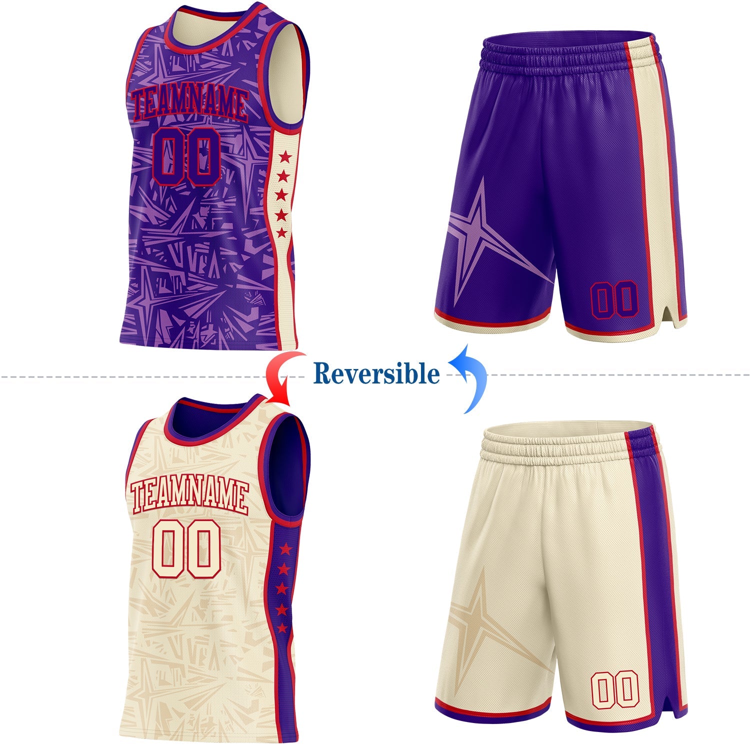 Custom Purple Red-Cream Side Panel Stripe Stars Geometric Shatter Starburst Reversible Double Side Sublimation Basketball Set Jersey view 2