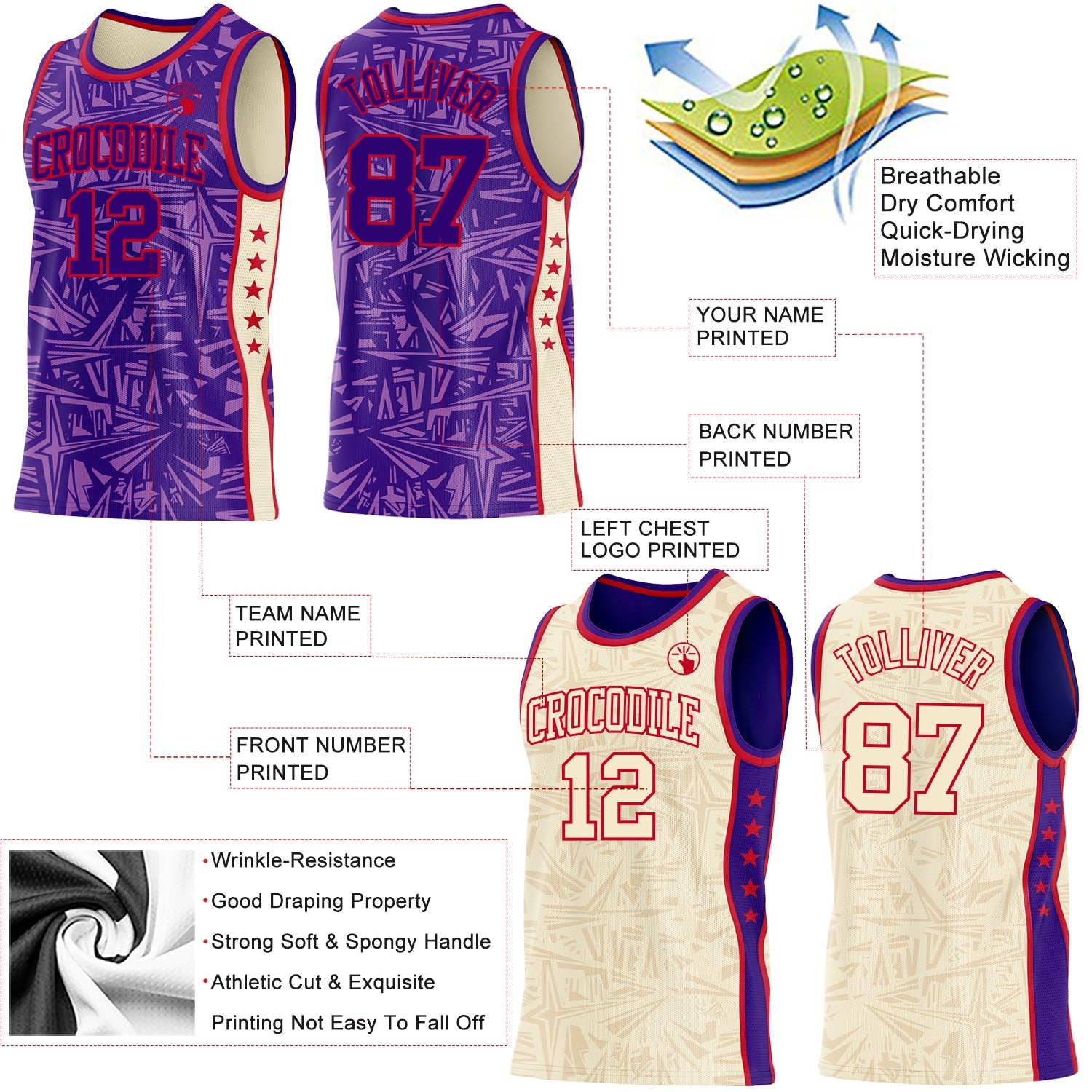 Custom Purple Red-Cream Side Panel Stripe Stars Geometric Shatter Starburst Reversible Double Side Sublimation Basketball Set Jersey view 3