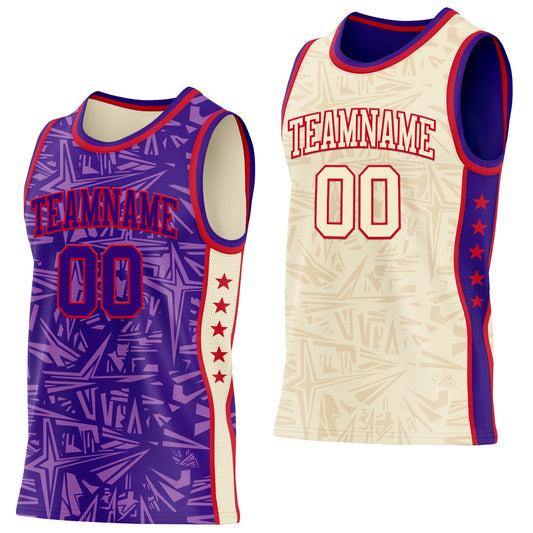 Custom Purple Red-Cream Side Panel Stripe Stars Geometric Shatter Starburst Reversible Double Side Sublimation Basketball Set Jersey - Main View