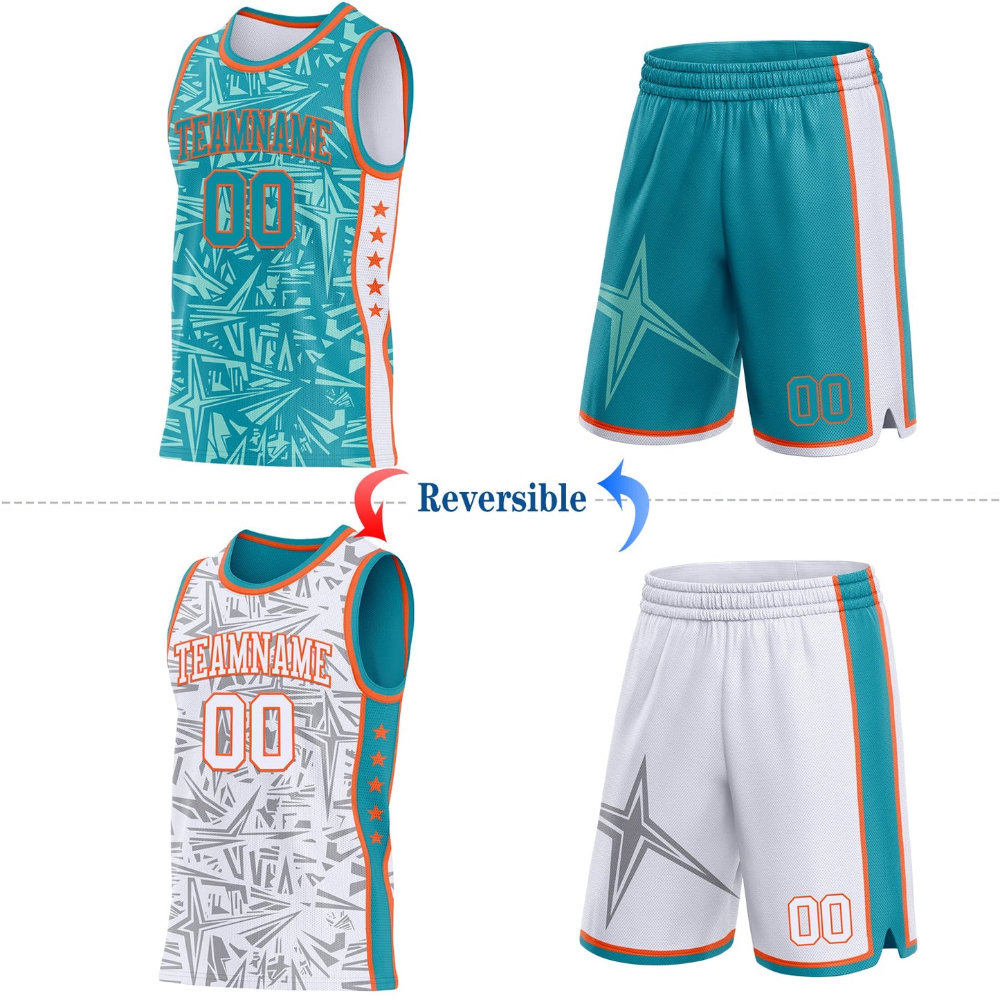 Custom Teal Orange-White Side Panel Stripe Stars Geometric Shatter Starburst Reversible Double Side Sublimation Basketball Set Jersey view 2