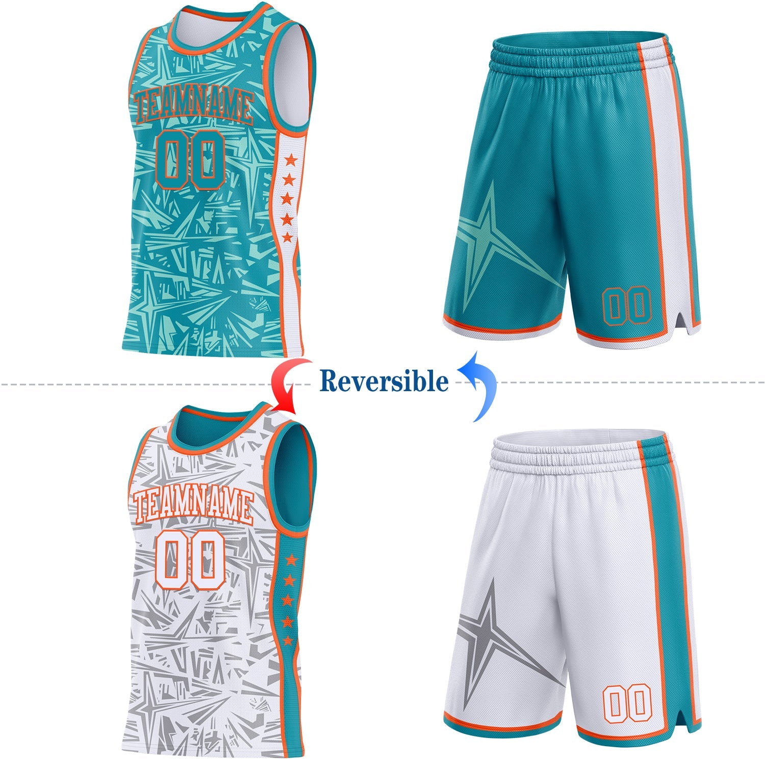 Custom Teal Orange-White Side Panel Stripe Stars Geometric Shatter Starburst Reversible Double Side Sublimation Basketball Set Jersey view 2