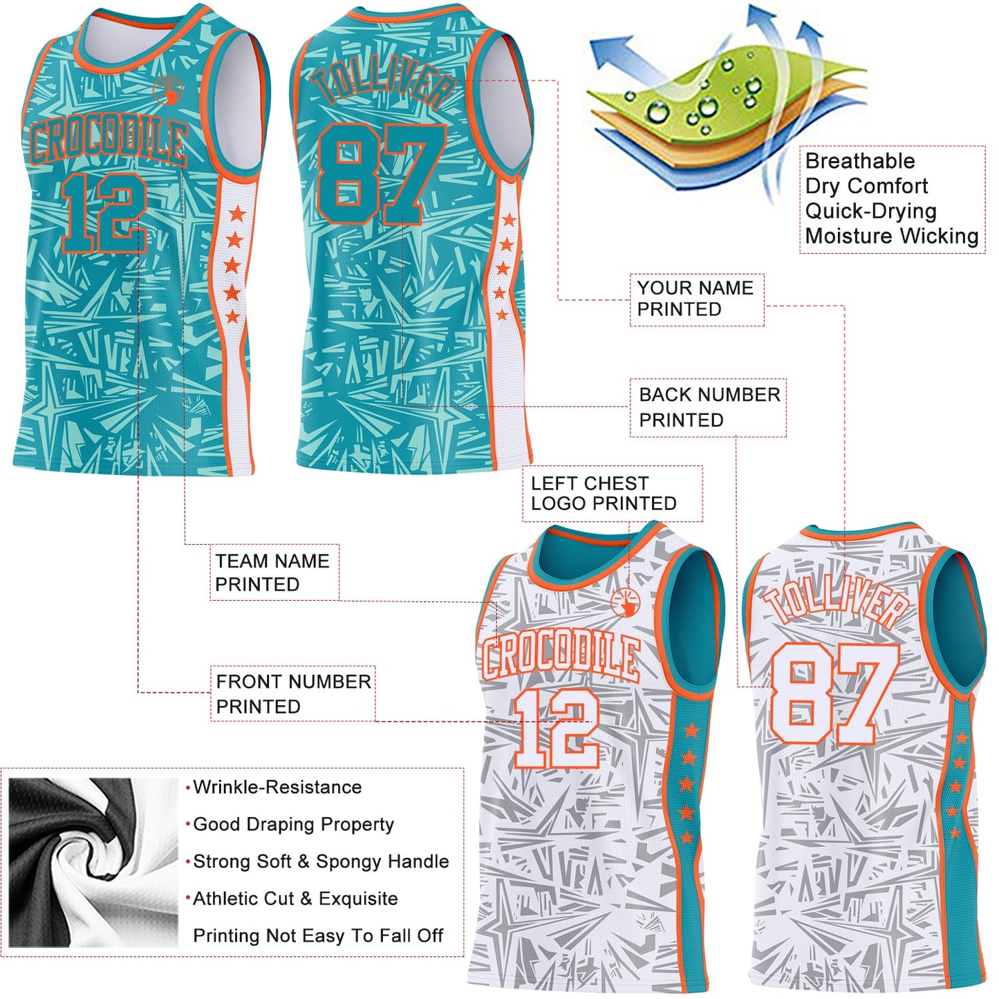Custom Teal Orange-White Side Panel Stripe Stars Geometric Shatter Starburst Reversible Double Side Sublimation Basketball Set Jersey view 3