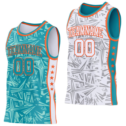 Custom Teal Orange-White Side Panel Stripe Stars Geometric Shatter Starburst Reversible Double Side Sublimation Basketball Set Jersey - Main View