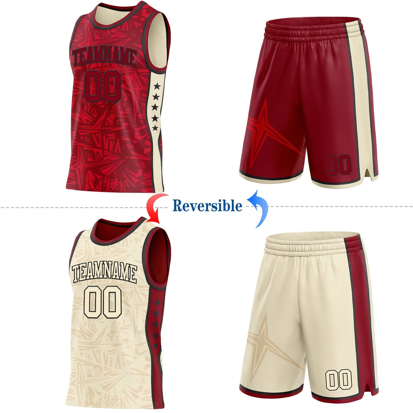 Custom Maroon Black-Cream Side Panel Stripe Stars Geometric Shatter Starburst Reversible Double Side Sublimation Basketball Set Jersey view 2
