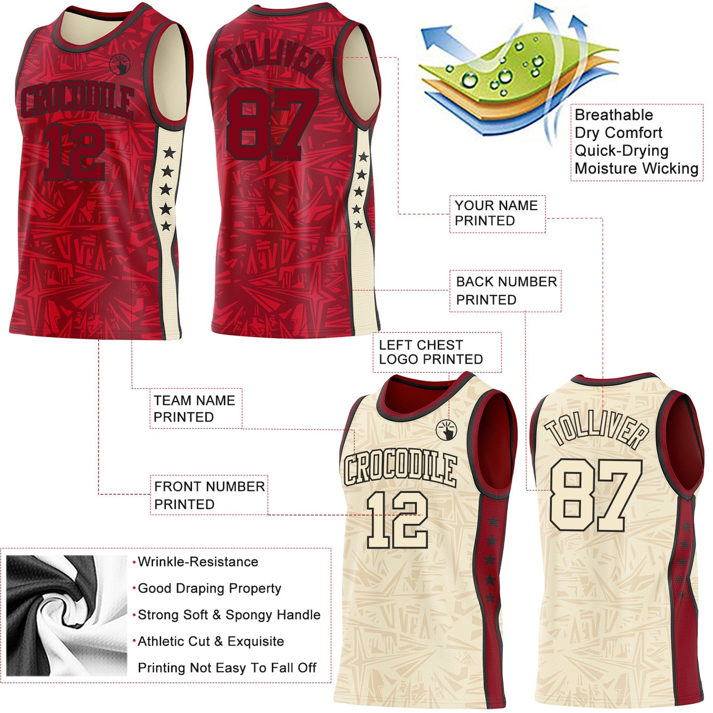 Custom Maroon Black-Cream Side Panel Stripe Stars Geometric Shatter Starburst Reversible Double Side Sublimation Basketball Set Jersey view 3