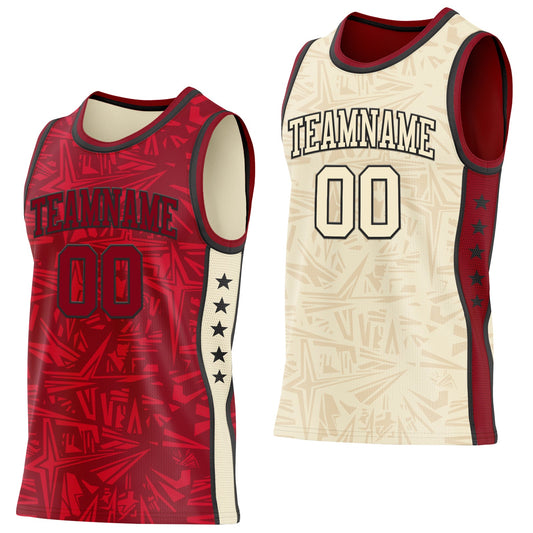 Custom Maroon Black-Cream Side Panel Stripe Stars Geometric Shatter Starburst Reversible Double Side Sublimation Basketball Set Jersey - Main View